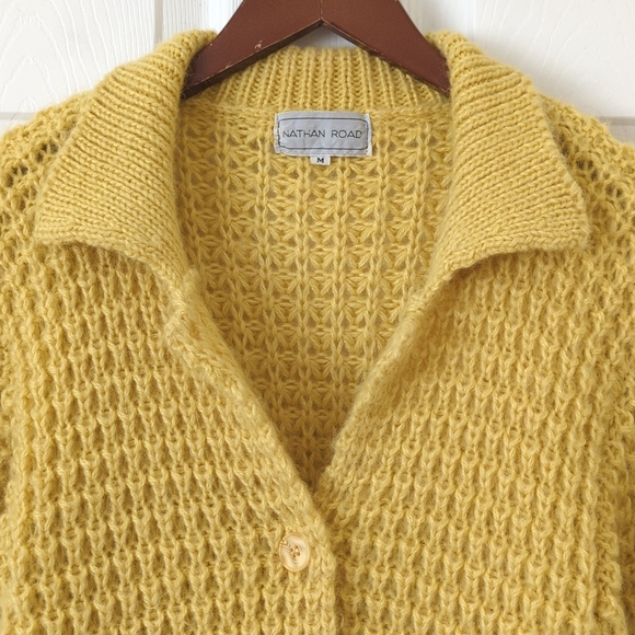 Nathan Road 80's Vintage Chunky Knit Buttoned Collared Cardigan Sweater Yellow M - Picture 2 of 11